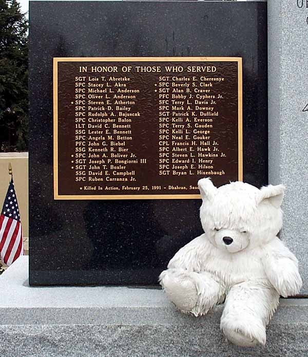 Teddy Bear Rests on Monument Honoring Army Reserve Soldiers Killed in Scud Missile Attack