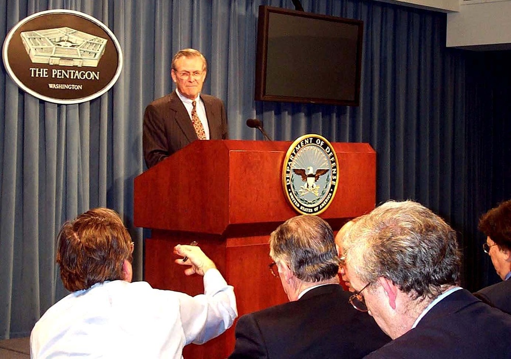 Rumsfeld Holds First Press Conference as Defense Secretary