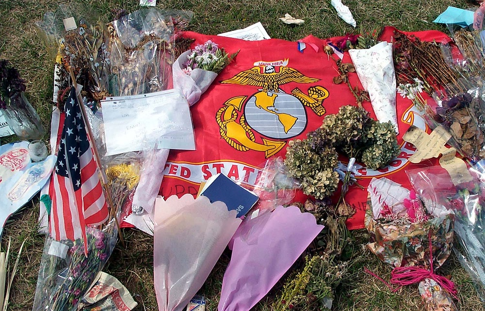 Marine Corps Flag Adorns Spontaneous 9/11 Memorial Near Pentagon