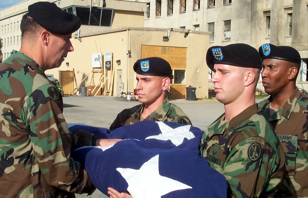 Old Guard Soldiers Present Folded 9/11 Pentagon Flag to Military District Commander
