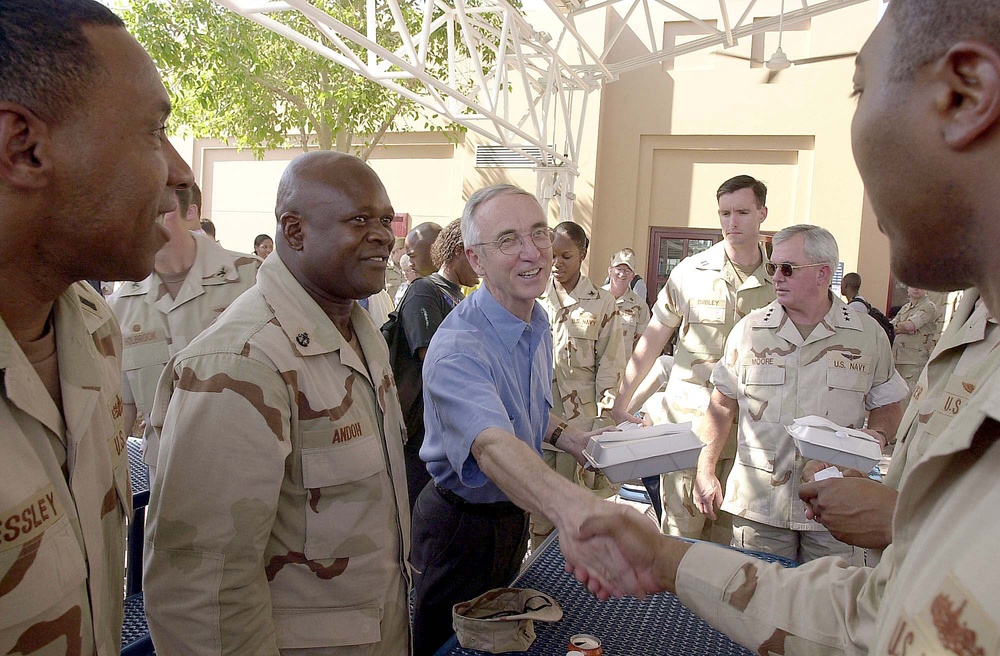 Navy Secretary Mingles with Sailors at Barbecue Lunch During Visit to U.S. Naval Forces Central Command