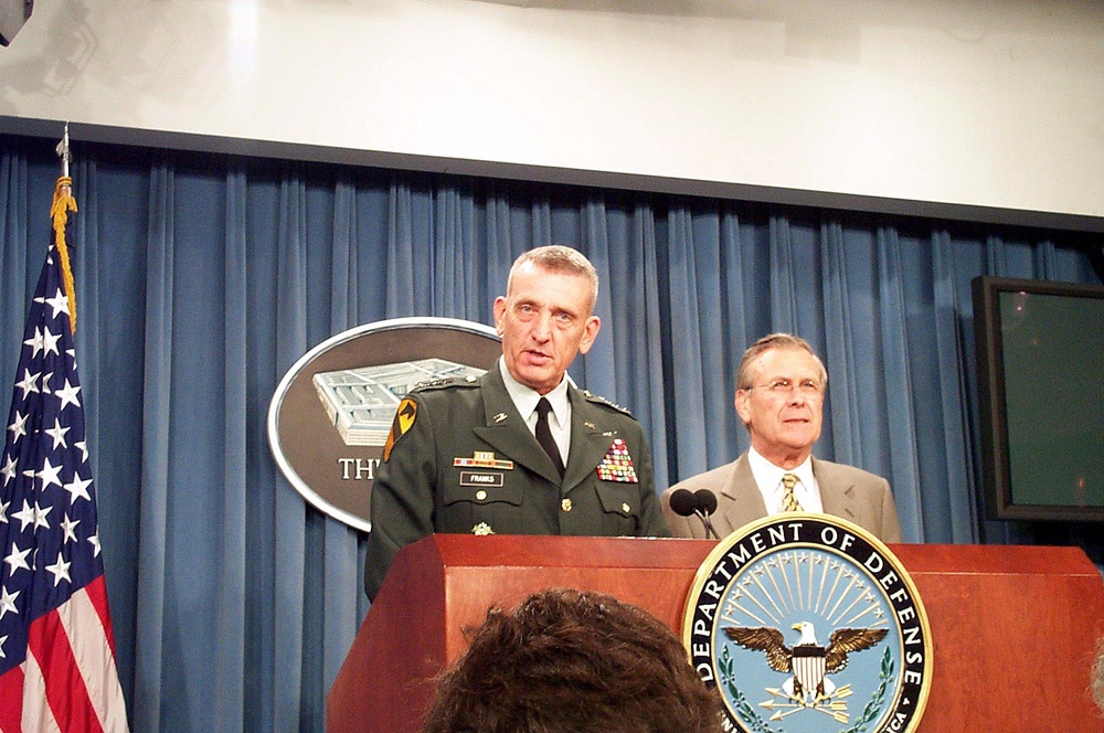 Franks and Rumsfeld Brief Reporters on Afghanistan War Efforts