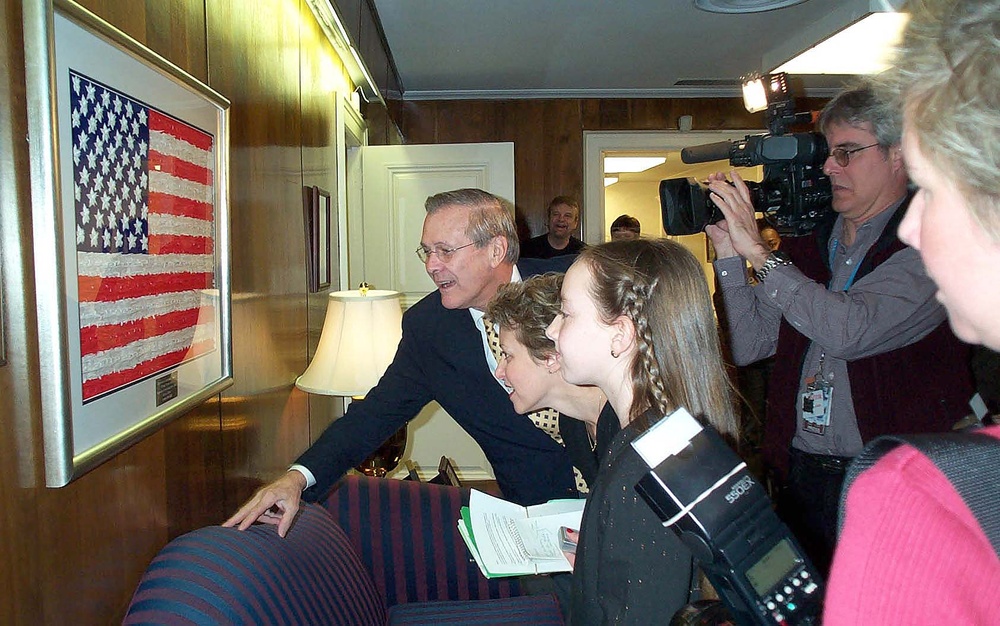 Rumsfeld Displays Paper Crane Flag Donated by Hawaii Students