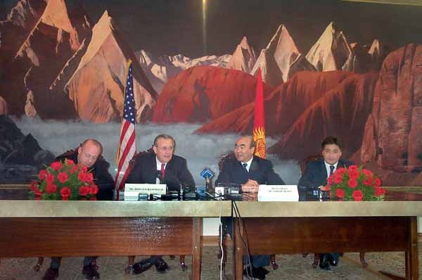 Rumsfeld and Kyrgyzstani President Discuss Manas Air Base's Role in Afghanistan War