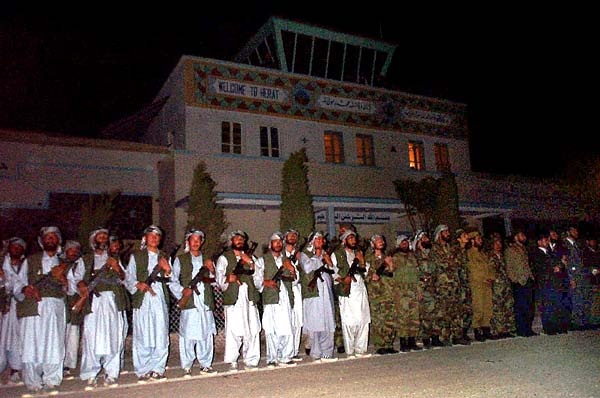 Mujahadin Troops Greet Rumsfeld in Herat, Afghanistan