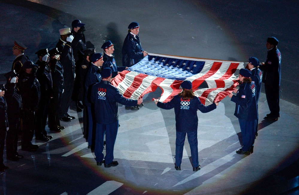 Olympians Honor 9/11 Flag at 2002 Winter Games Opening Ceremony