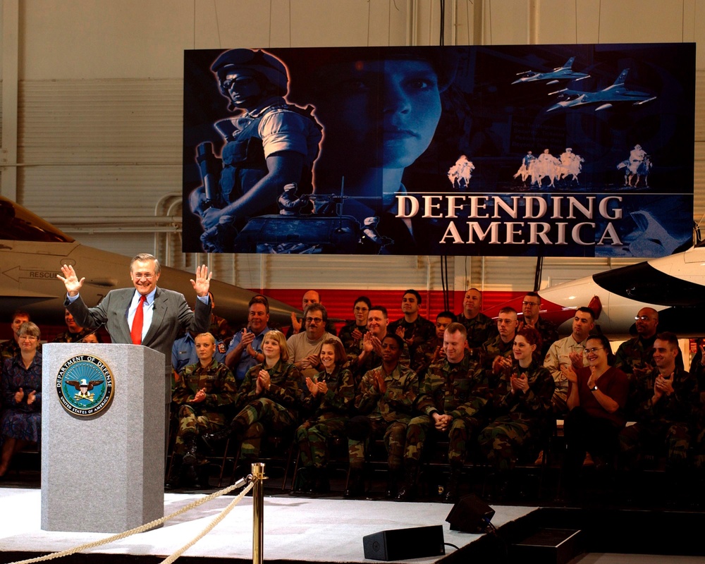 Rumsfeld Applauded by Troops at Nellis Air Force Base