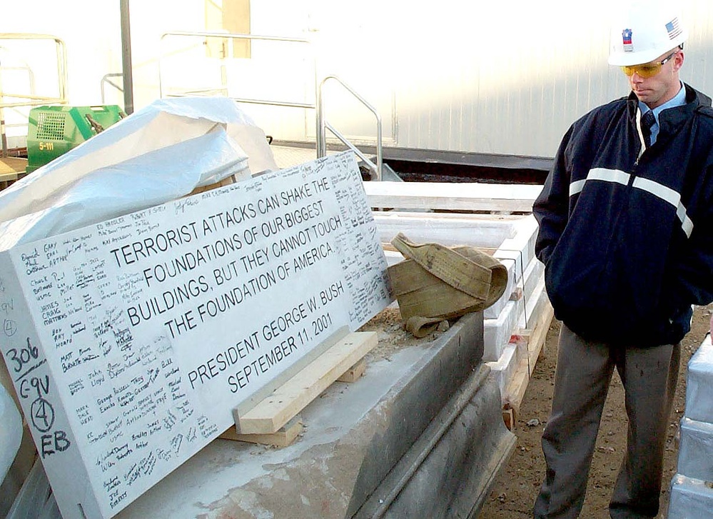 Pentagon Renovation Director Views Sign Quoting President Bush After 9/11 Attacks