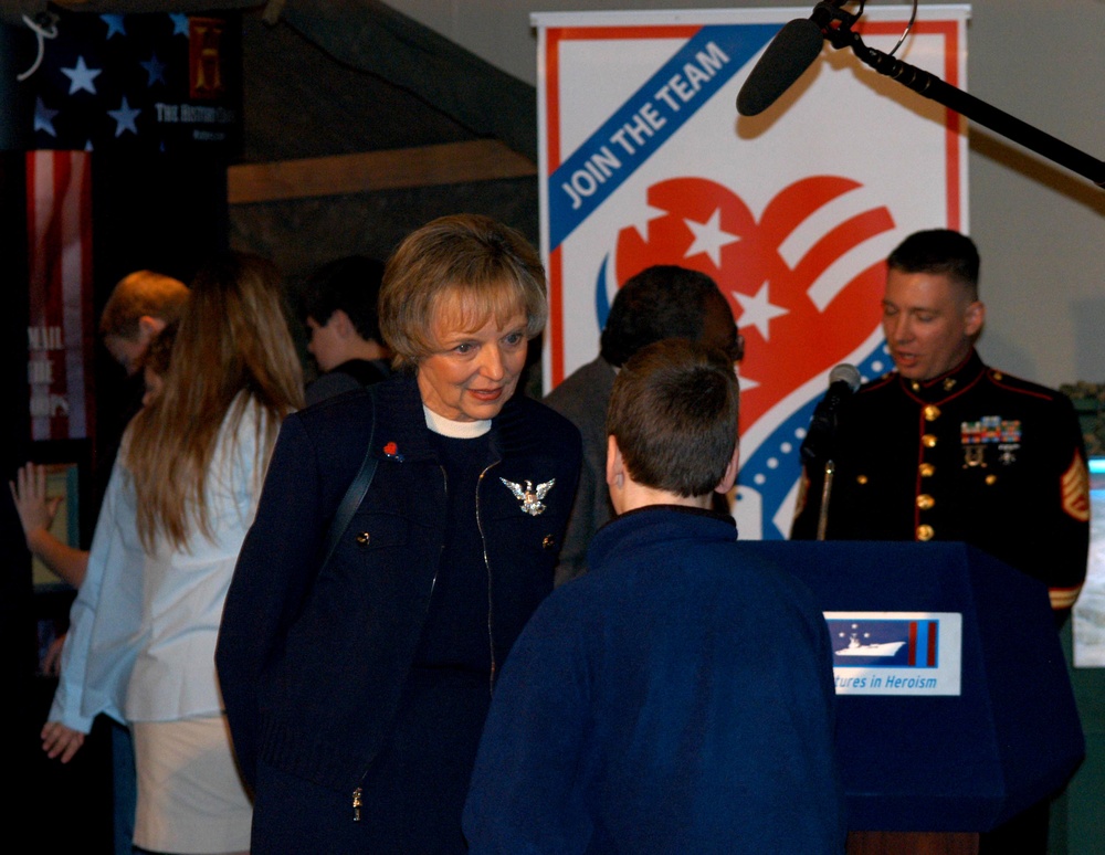 Young Army Reservist's Son Meets Wife of Joint Chiefs Chairman at Intrepid Museum Opening