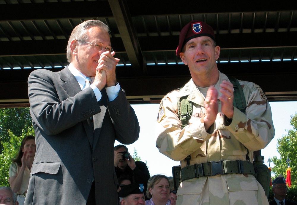 Rumsfeld and Caldwell Review Airborne Troops at Fort Bragg