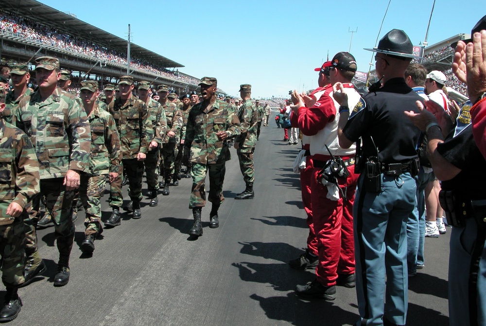Indiana National Guard Soldiers March at Indianapolis 500 Pre-Race Ceremony