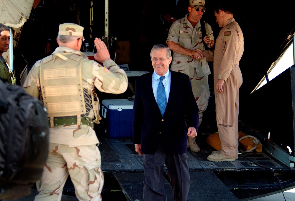 Rumsfeld Visits Baghdad, Meets with U.S. Troops