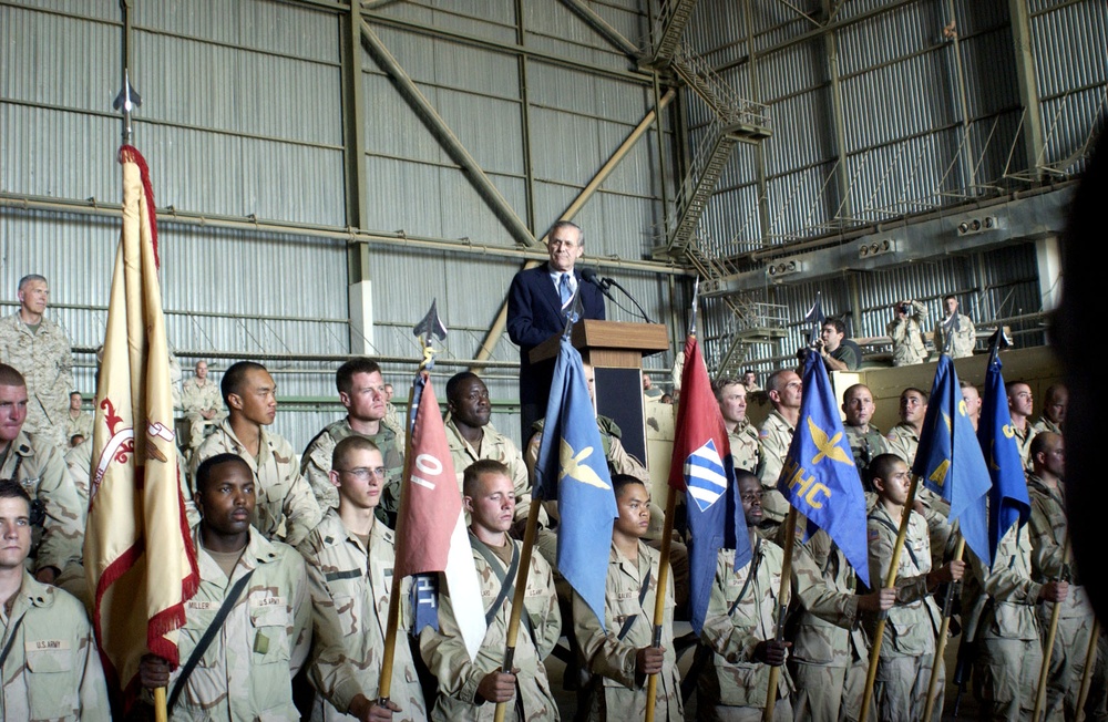 Rumsfeld Praises Troops for Liberating Iraq at Baghdad Airport