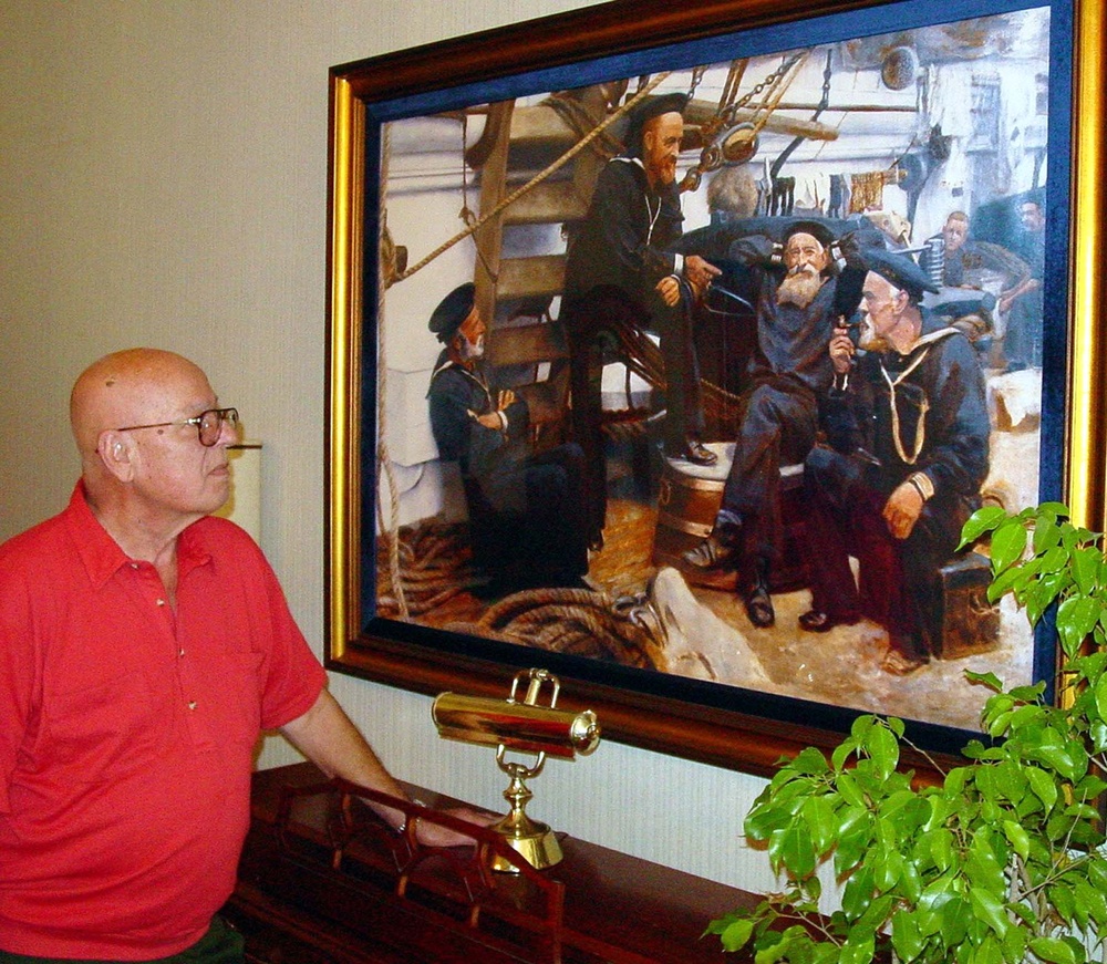 Retired Navy SEAL Admires Painting of Square Rigger Navy at Armed Forces Retirement Home
