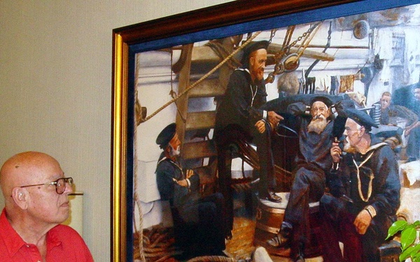 Retired Navy SEAL Admires Painting of Square Rigger Navy at Armed Forces Retirement Home