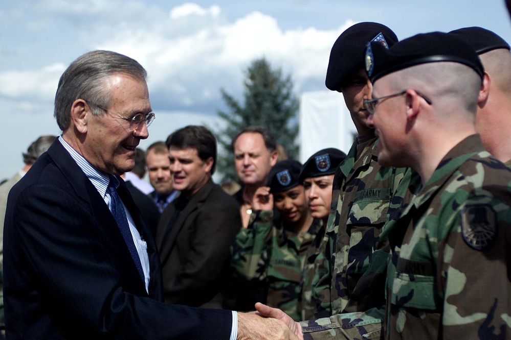 Rumsfeld Engages with Troops at Fort Carson Town Hall
