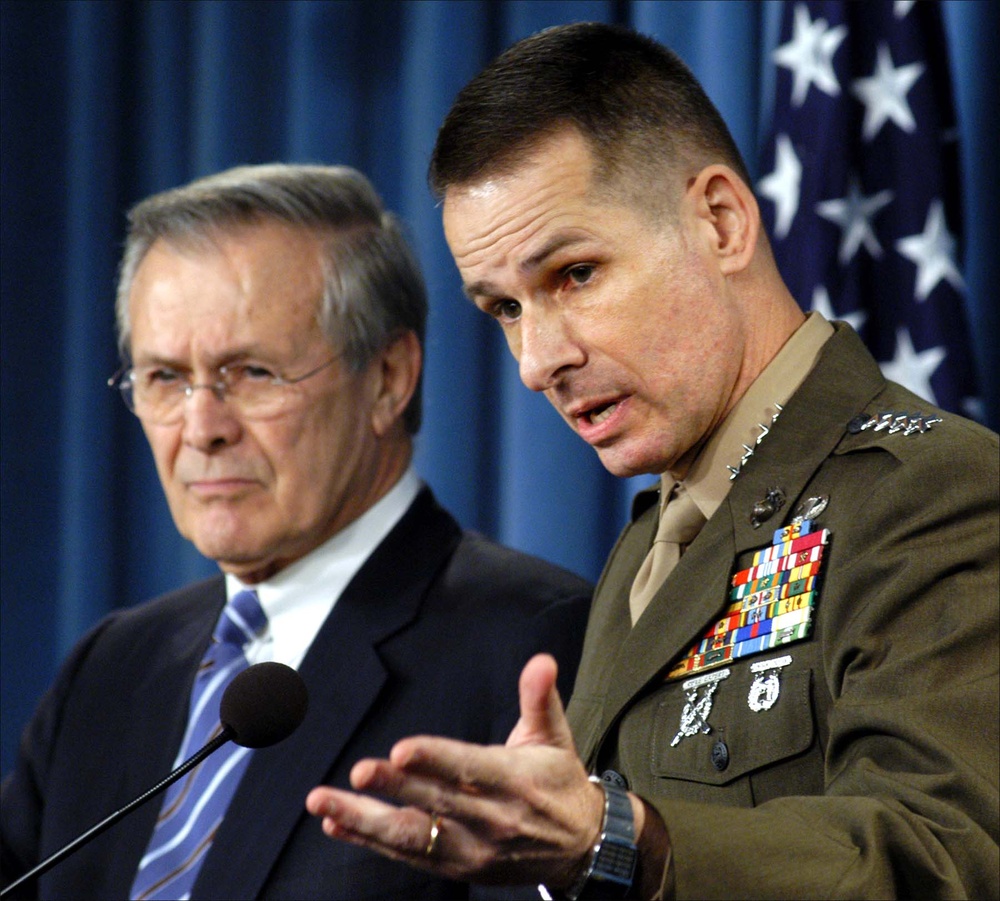 Pace Responds to Reporter's Question at Joint Press Conference with Rumsfeld