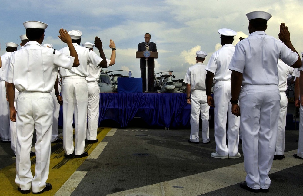 Rumsfeld Administers Oath to Sailors Aboard USS Essex in Singapore
