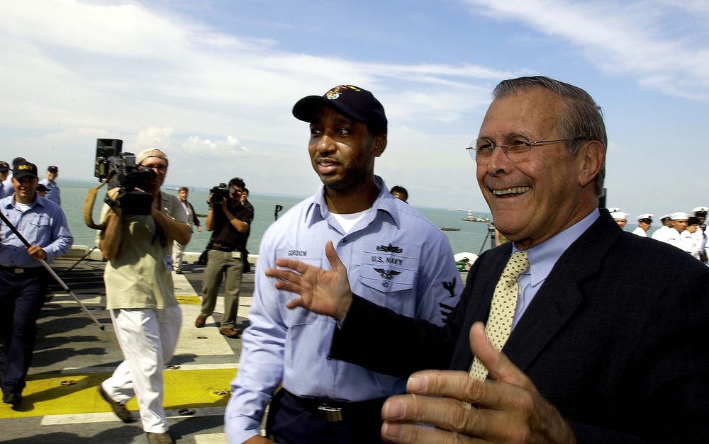 Rumsfeld Visits U.S. Troops Aboard USS Essex in Singapore
