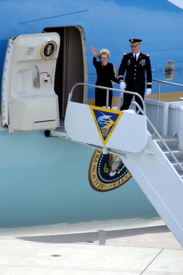 Former First Lady Nancy Reagan Escorted by Military Leader as Reagan's Casket Departs for Washington