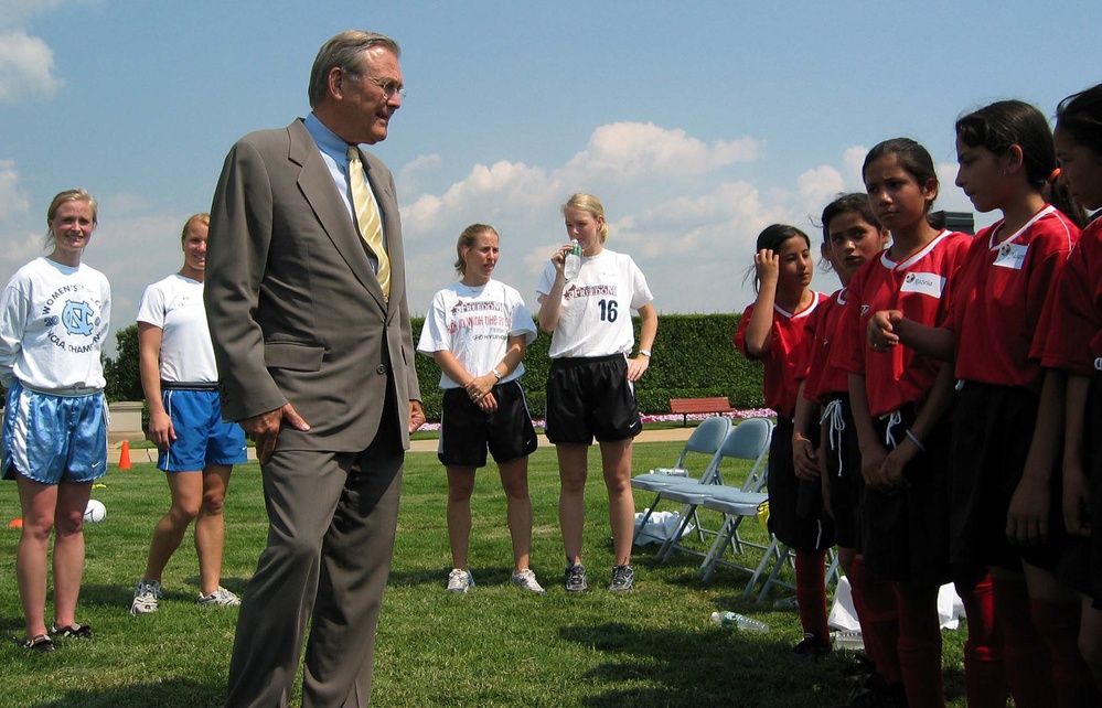 Rumsfeld Welcomes Afghan Girls to U.S. Sports Camp