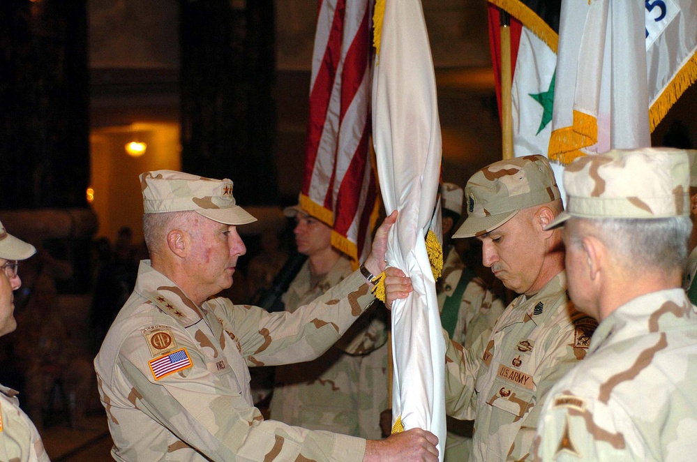 Lt. Gen. Vines Hands MNCI Colors to Sgt. Maj. Gainey in Transfer of Authority Ceremony