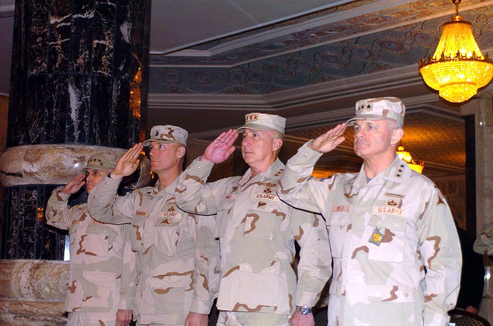 Military Leaders Salute Colors at Transfer of Authority Ceremony in Iraq