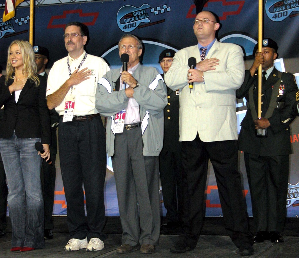 Rumsfeld Leads NASCAR Fans in Pledge of Allegiance on 9/11