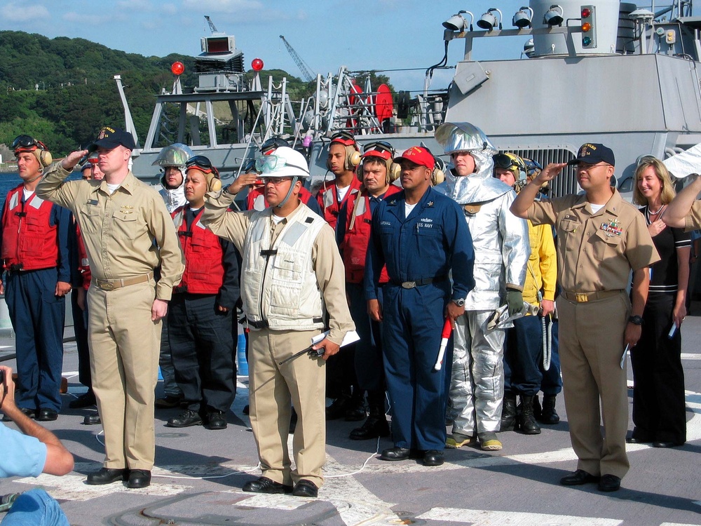 Participants Observe Raising of Colors on USS Curtis Wilbur in Yokosuka