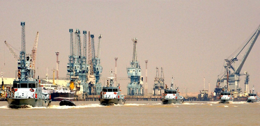 Iraqi Coastal Defense Force Boats Patrol Southern Iraq Port