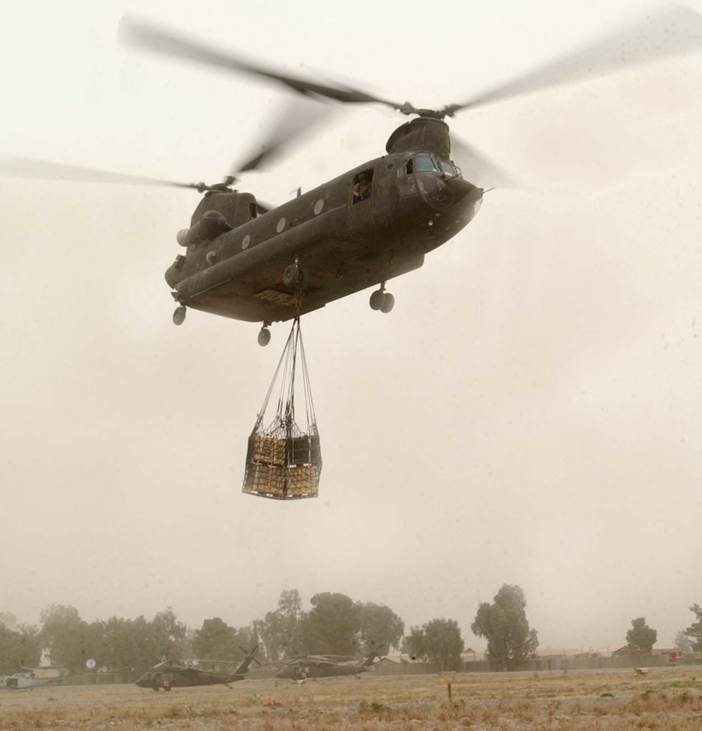 Chinook Helicopter Lifts Off for Ammunition Resupply Mission in Afghanistan