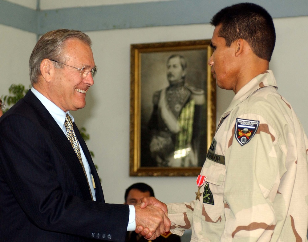Rumsfeld Honors Salvadoran Soldier for Heroism in Iraq