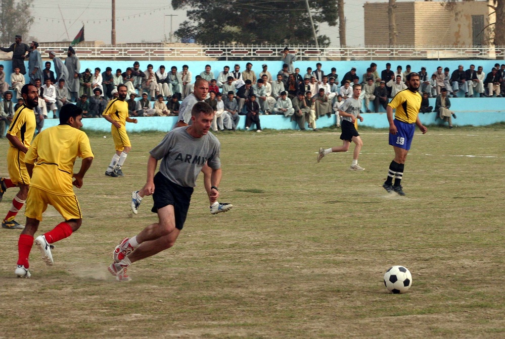 Army Sgt. Leads Soccer Game in Afghanistan