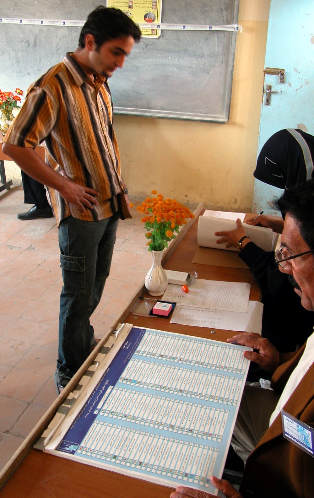 Election Officials Process Voter at Zafaraniya Polling Station