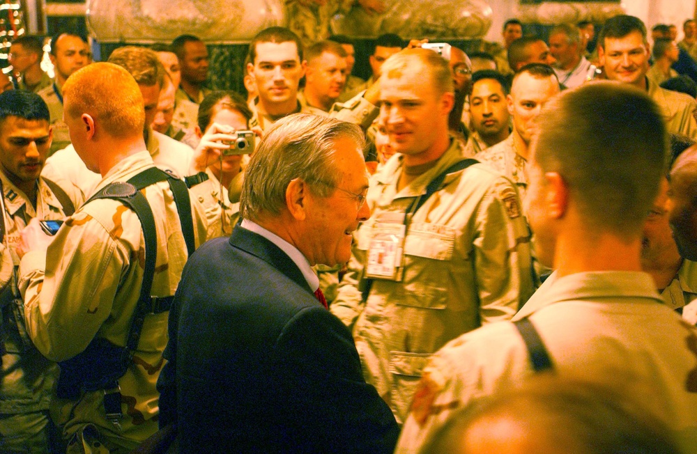 Rumsfeld Greets Troops at Camp Victory in Iraq