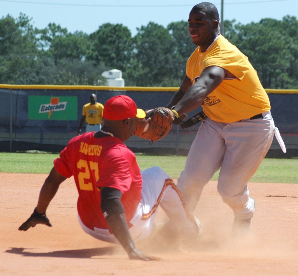 Army Second Baseman Roanld Perry Tags Out Marine Tony Hawkins in Armed Forces Softball Championship