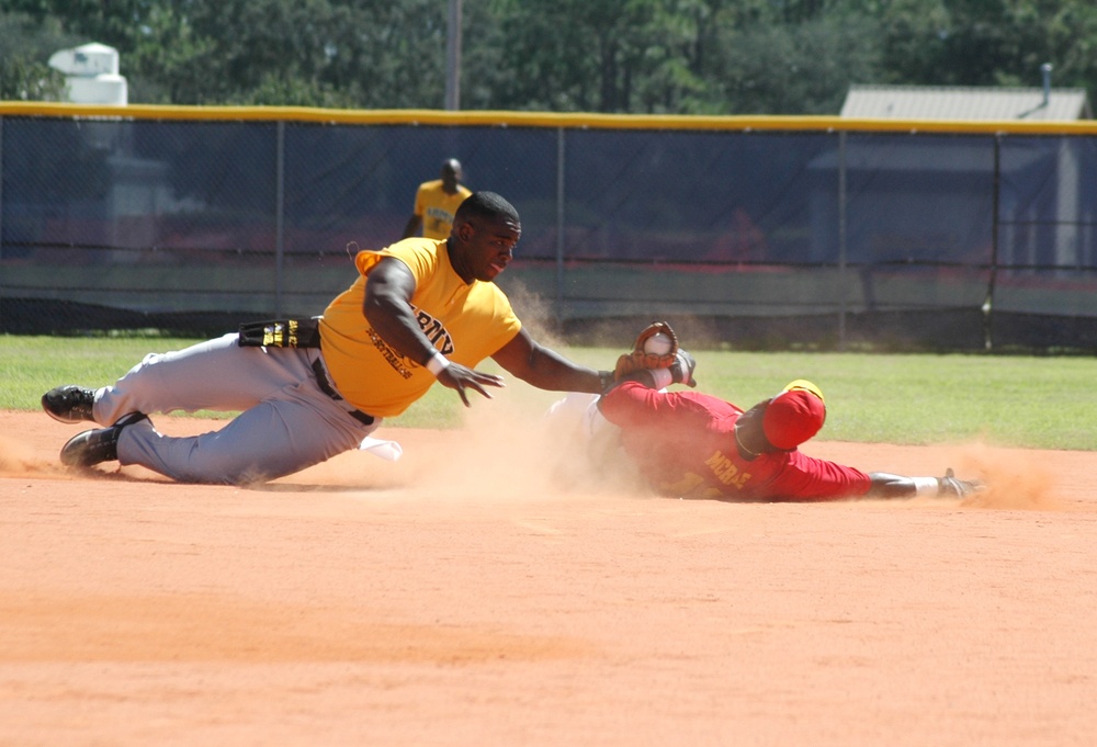 Army Second Baseman Tags Out Marine in Armed Forces Softball Championship