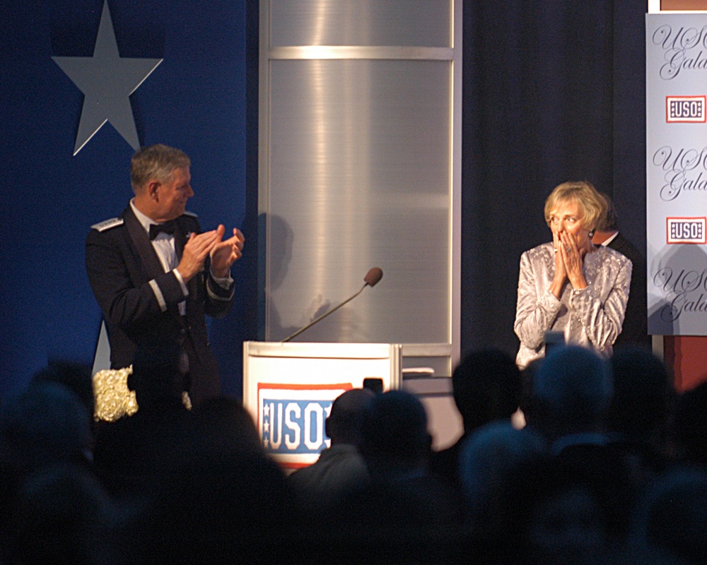 Surprised Mary Jo Myers Accepts USO 'Spirit of the USO' Award