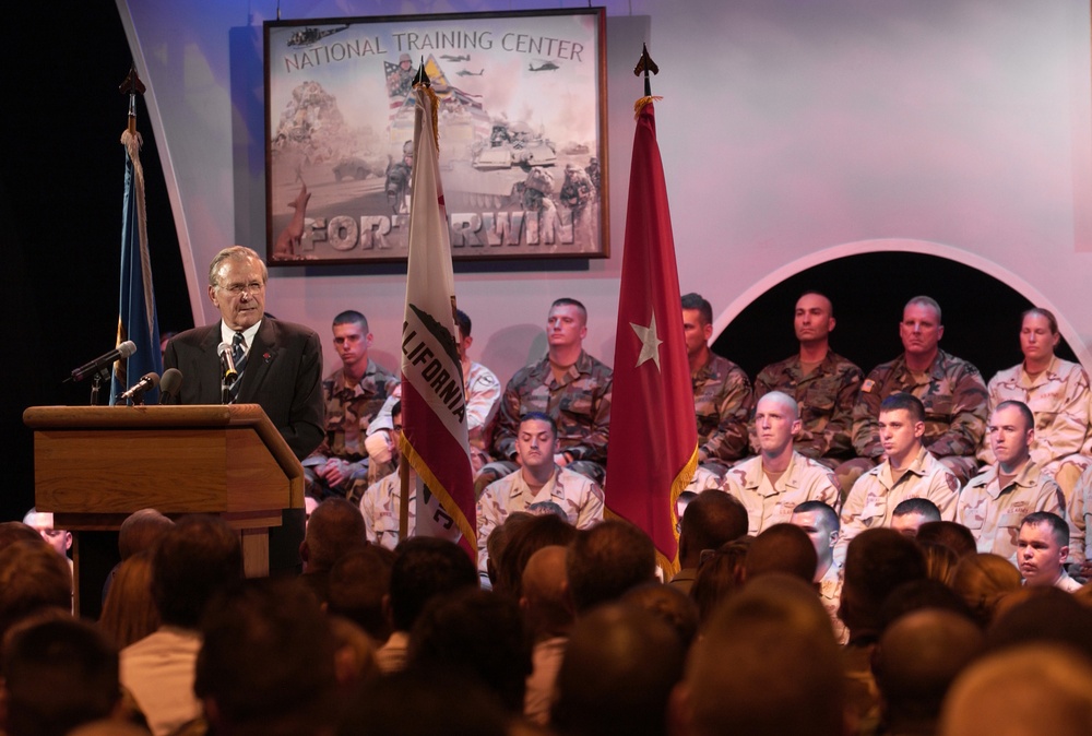 Rumsfeld Engages with Troops at Fort Irwin Town Hall