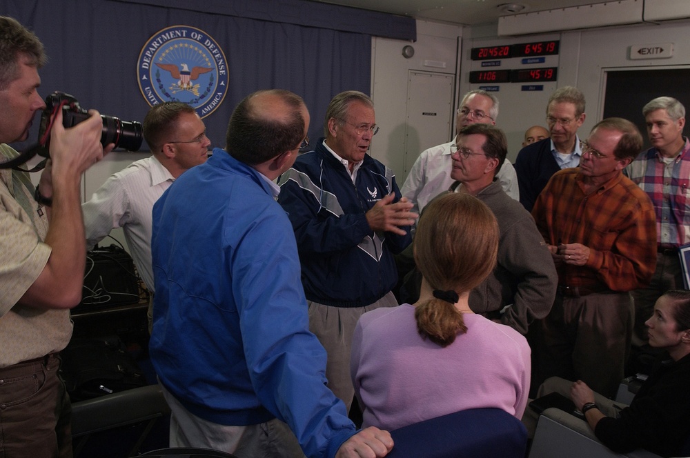 Rumsfeld Holds Airborne News Conference En Route to Kyrgyzstan