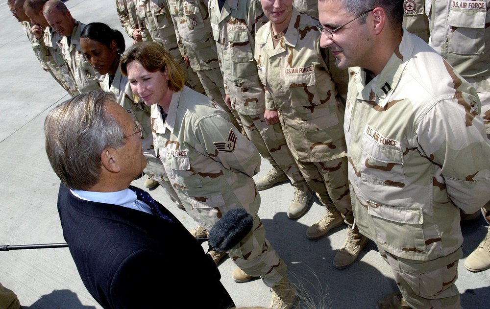 Rumsfeld Visits U.S. Airmen at Kyrgyzstan Air Base