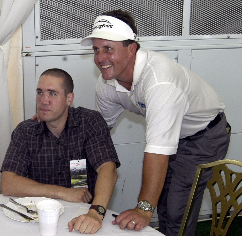 Golfer Phil Mickelson Shares Moment with Marine Cpl. Todd Herman at Booz Allen Classic