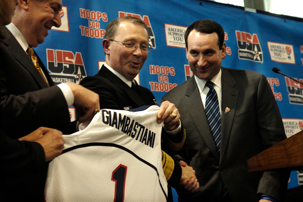 USA Basketball Coach Presents Jersey to Vice Chairman of Joint Chiefs of Staff