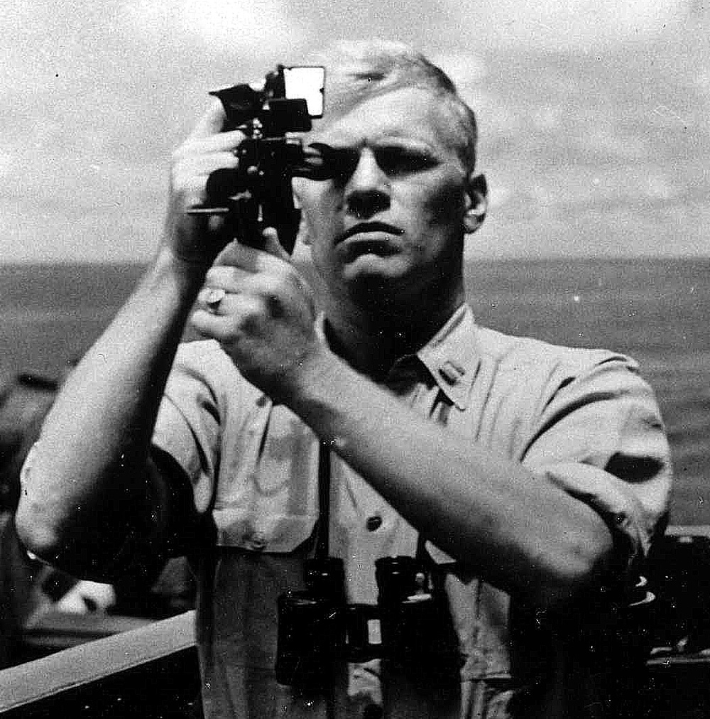 Navy Lt. Gerald R. Ford Takes Sextant Reading Aboard USS Monterey in 1944
