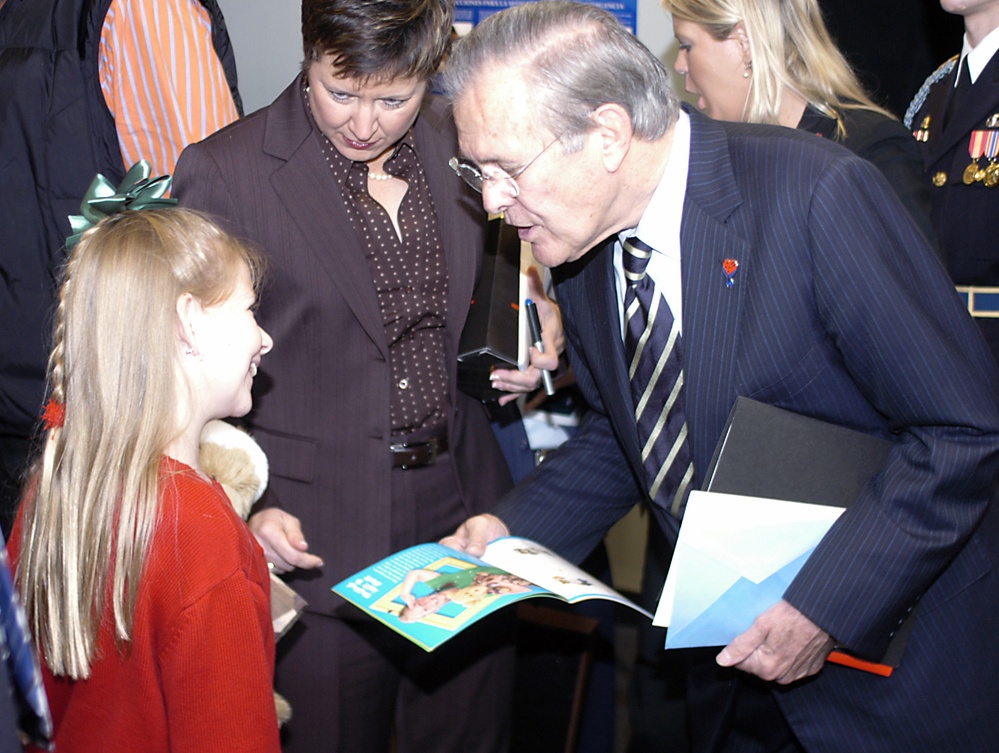Founder of &quot;Hero Hugs&quot; Meets with Defense Secretary Rumsfeld