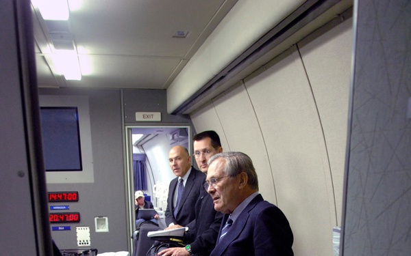 Rumsfeld Meets with Staff on E-4B in Nicaragua