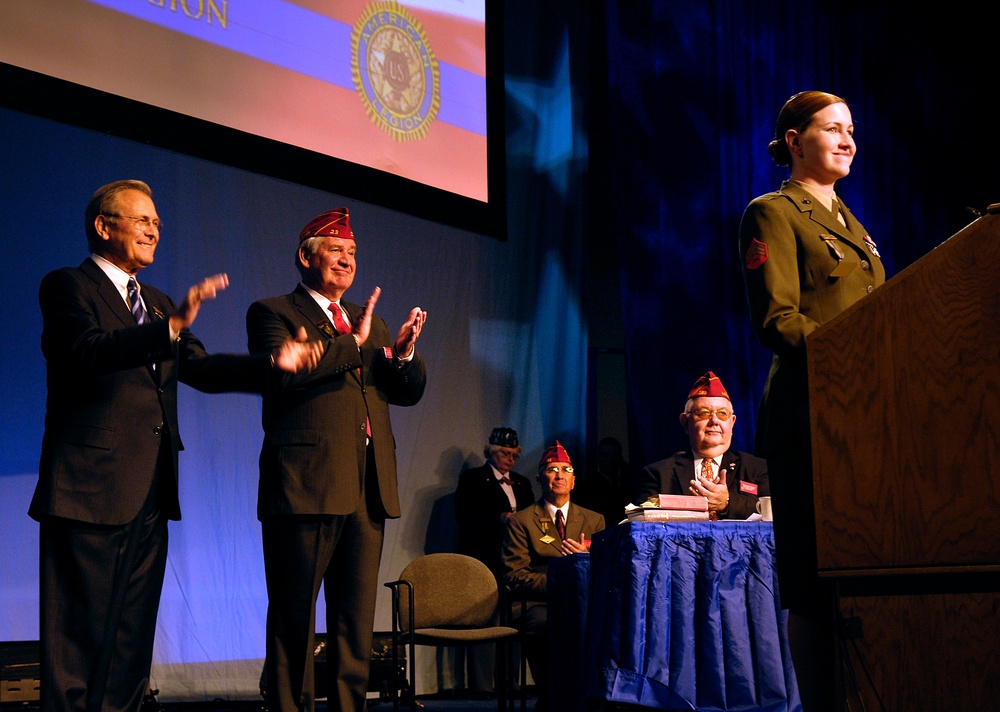 Rumsfeld, Legion Commander Honor Marine Volunteer