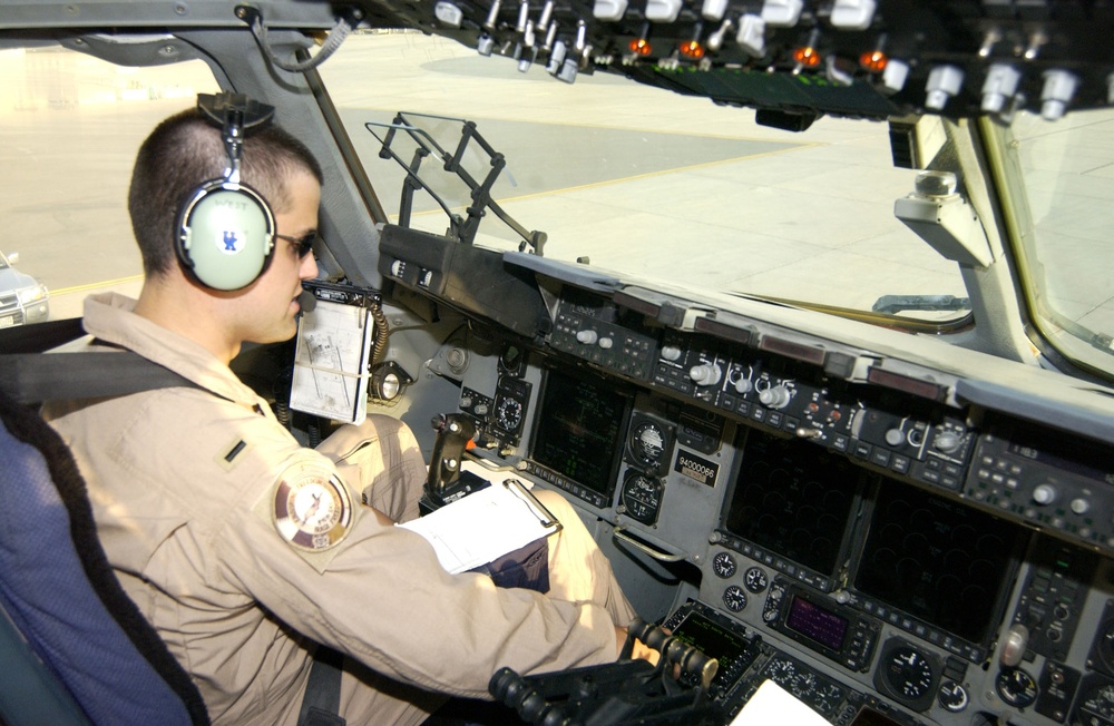 Air Force Pilot Prepares C-17 for Evacuation Mission from Lebanon