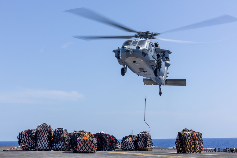 USS Iwo Jima conducts vertical replenishment at sea