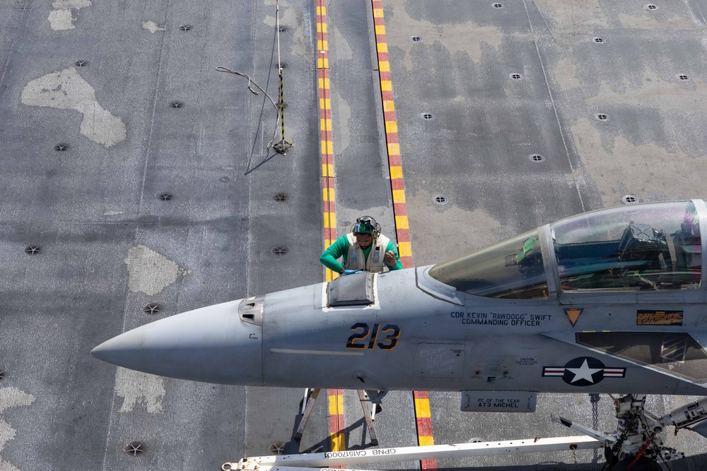USS Gerald R. Ford (CVN 78) Sailor Conducts F/A-18 Super Hornet Maintenance